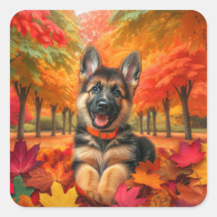 Autumn German Shepherd Puppy Birthday Square Sticker