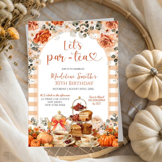 Autumn Gingham Pumpkin Let's ParTea Birthday Party Invitation (Creator Uploaded)
