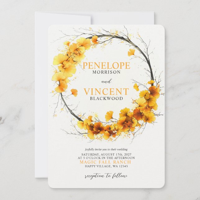 Autumn Ginkgo Biloba Wreath Wedding Invitation (Front)