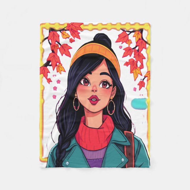 Autumn Girl Art Fleece Blanket – Cozy & Colourful  (Front)