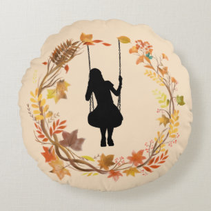 Autumn Girl on Swing Graphic _Fall Leaf  Round Pillow