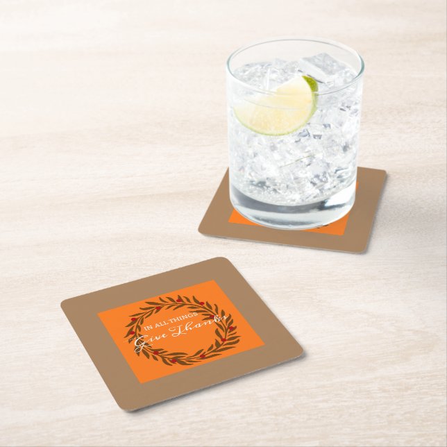 Autumn Give Thanks Wreath Design Square Paper Coaster (Insitu)