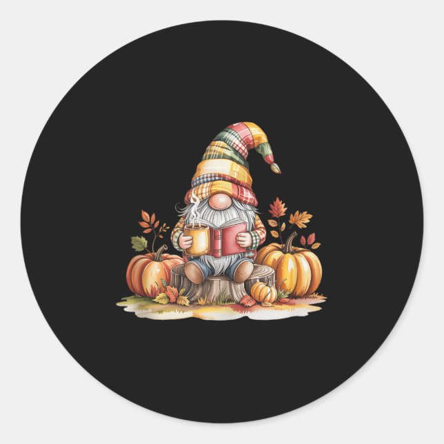 Autumn Gnome Reading Book With Pumpkins Fall Tank  Classic Round Sticker (Front)
