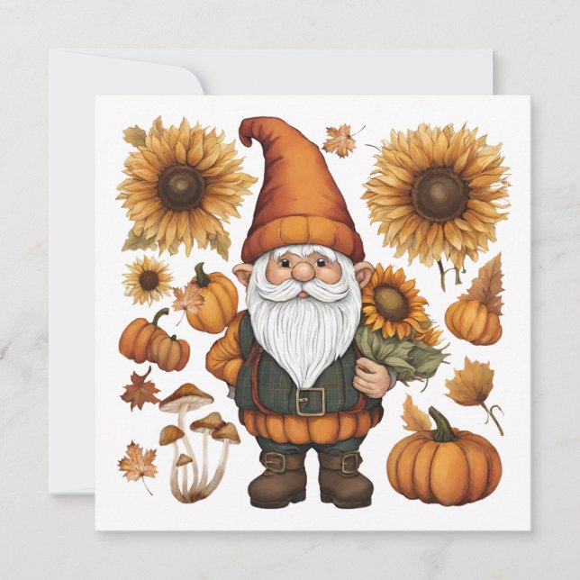 Autumn Gnome with Pumpkins and Sunflowers  Holiday Card (Front)