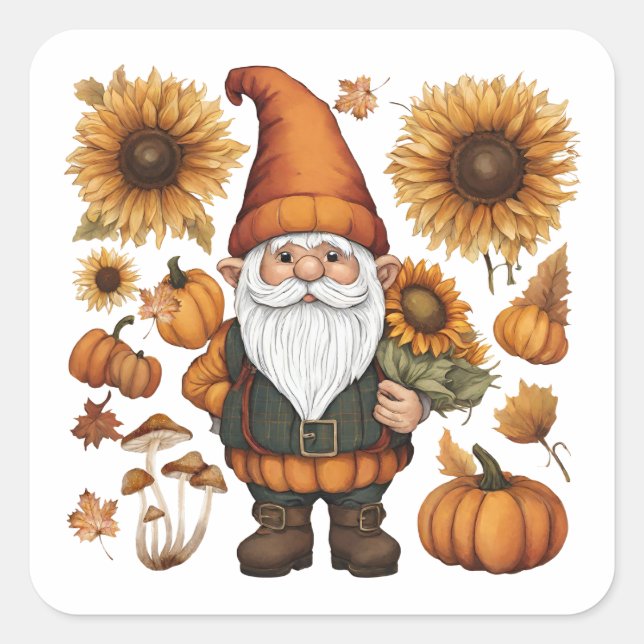 Autumn Gnome with Pumpkins and Sunflowers  Square Sticker (Front)