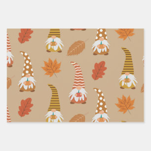 Autumn Gnomes with Fall Leaves on Brown Wrapping Paper Sheet