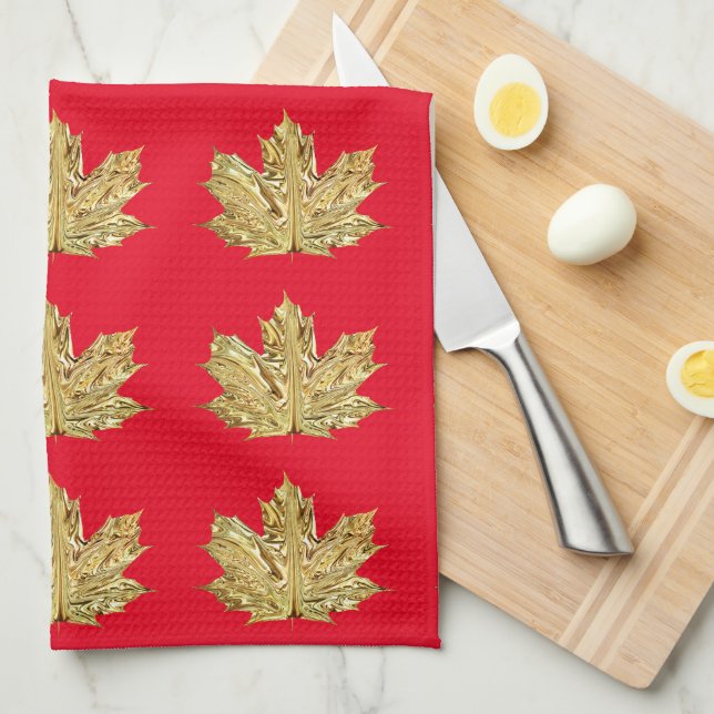 Autumn Gold and red maple leaf fall pattern Kitchen Towel (Quarter Fold)