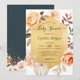Autumn Gold Floral Little Pumpkin Baby Shower Invitation