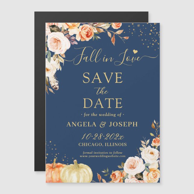 Autumn Gold Floral Pumpkin Save the Date Magnet (Front/Back)