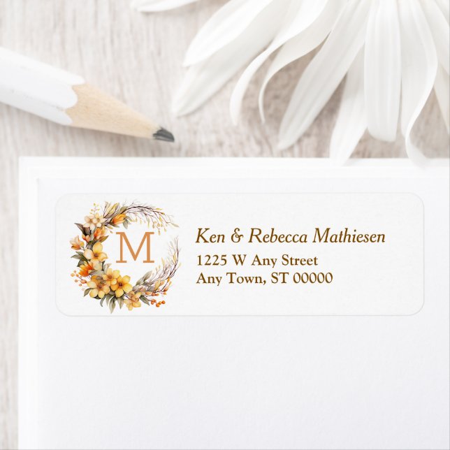 Autumn Gold Floral Wreath Monogram Return Address (Insitu)