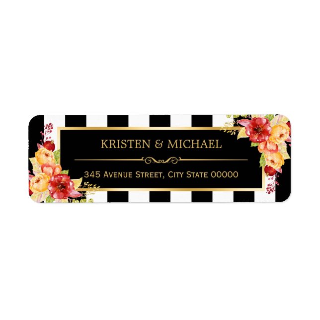 Autumn Gold Flowers Elegant Black White Stripes (Front)