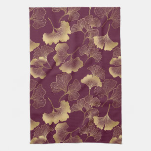 Autumn Gold Ginkgo Leaf Pattern Kitchen Towel