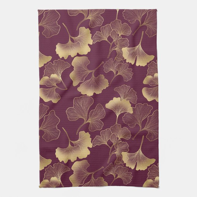 Autumn Gold Ginkgo Leaf Pattern Kitchen Towel (Vertical)