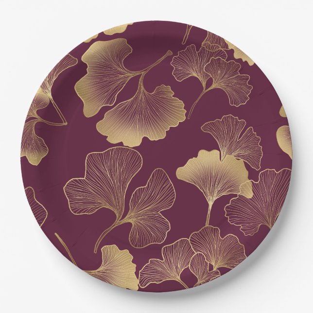 Autumn Gold Ginkgo Leaf Pattern Paper Plate (Front)