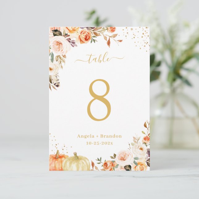 Autumn Gold Glitter Floral Wedding Table Number (Standing Front)