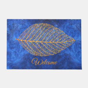 Autumn Gold Leaf on Sapphire Blue Doormat