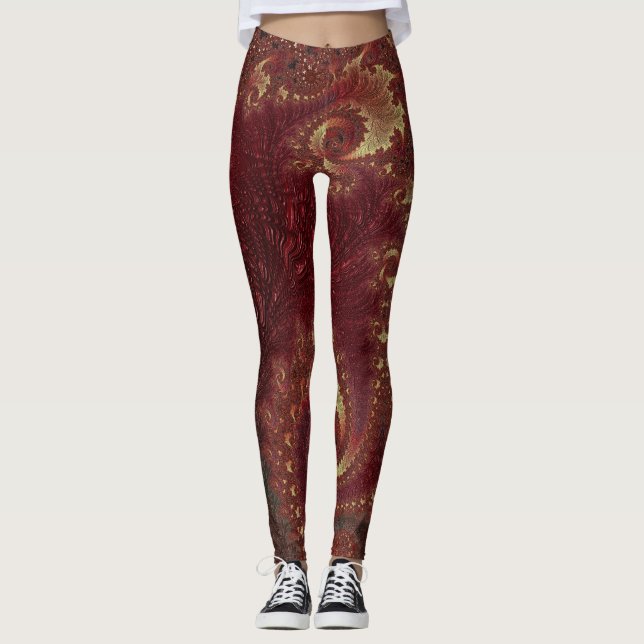 Autumn Gold Leafy Swirls Fractal Landscape Leggings (Front)