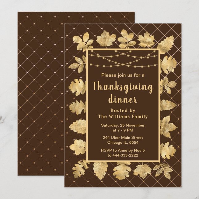 Autumn Gold Leaves Thanksgiving Dinner Brown Invitation (Front/Back)