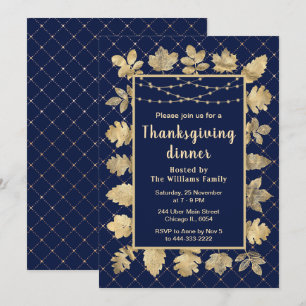 Autumn Gold Leaves Thanksgiving Dinner Navy Invitation