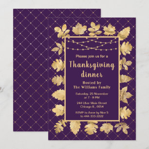 Autumn Gold Leaves Thanksgiving Dinner Purple Invitation