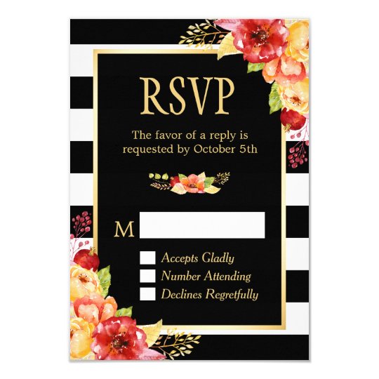 Autumn Gold Orang Red Floral B&W Stripes RSVP Card