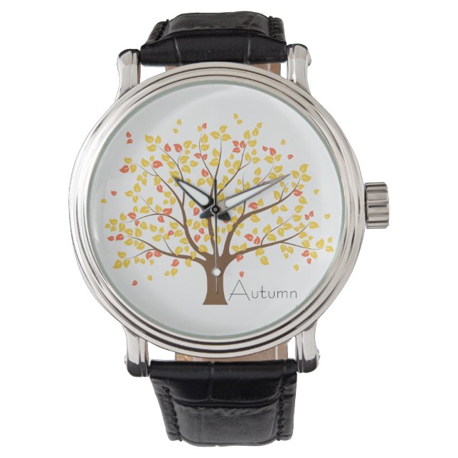 Autumn Gold Tree Vintage Leather Strap Watch (Front)