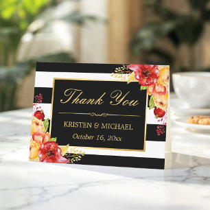 Autumn Gold Yellow Red Floral Stripes Thank You Card