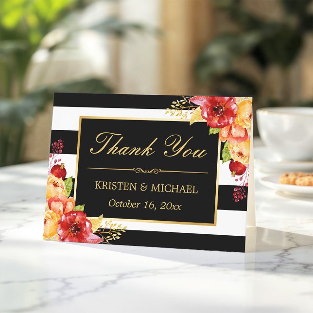 Autumn Gold Yellow Red Floral Stripes Thank You Card (Creator Uploaded)