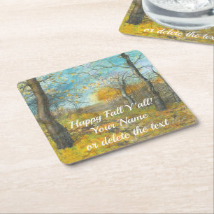 Autumn golden in an oak grove painting watercolor square paper coaster