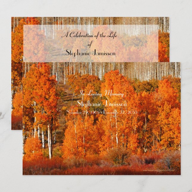Autumn Golden Orange Aspens Celebration of Life  Invitation (Front/Back)