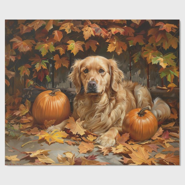 Autumn Golden Retriever Decoupage Wrapping Paper (Flat)