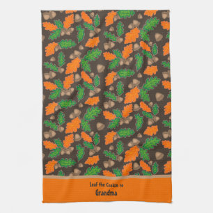 Autumn Green and Orange Leaves Acorns Towels