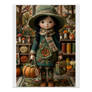 Autumn Green Girl Pumpkins Harvest Harvest Fleece Poster