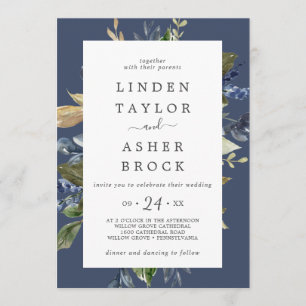 Autumn Greenery   Navy Bold Names Wedding Invitation