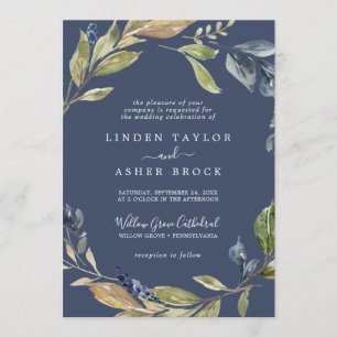 Autumn Greenery   Navy Formal Wedding Invitation