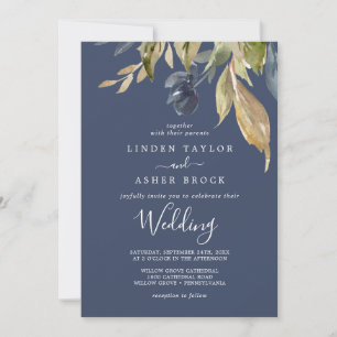 Autumn Greenery   Navy Wedding Invitation
