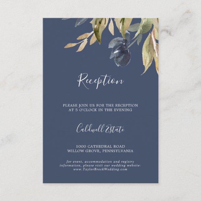 Autumn Greenery Navy Wedding Reception Insert Card (Front)