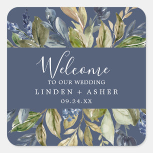 Autumn Greenery   Navy Wedding Welcome Square Sticker