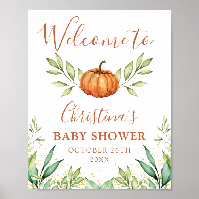Autumn Greenery Pumpkin Fall Baby Shower Welcome Poster (Front)