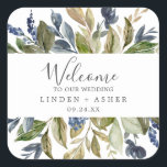 Autumn Greenery Wedding Welcome Square Sticker<br><div class="desc">These autumn greenery wedding welcome stickers are perfect for a fall wedding. The modern rustic design features navy blue, sage green and gold leaves with sprigs of dark blue flowers. Personalize these stickers with the location of your wedding, names, and wedding date. These labels are perfect for destination weddings and...</div>