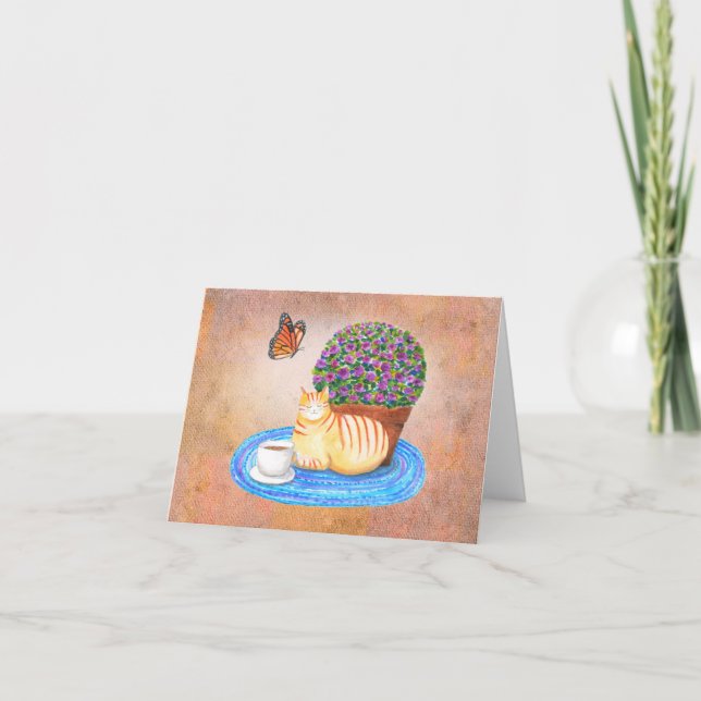 Autumn Greeting Cat and Monarch Butterfly Serene  Card (Front)