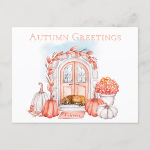 Autumn Greetings Cat on Doorstep Cozy Fall Season Postcard