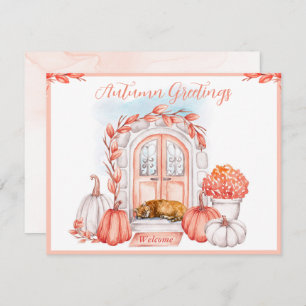 Autumn Greetings, Cat on Doorstep, Pumpkins Card