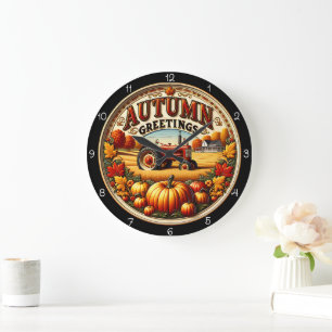Autumn Greetings Tractor  Large Clock