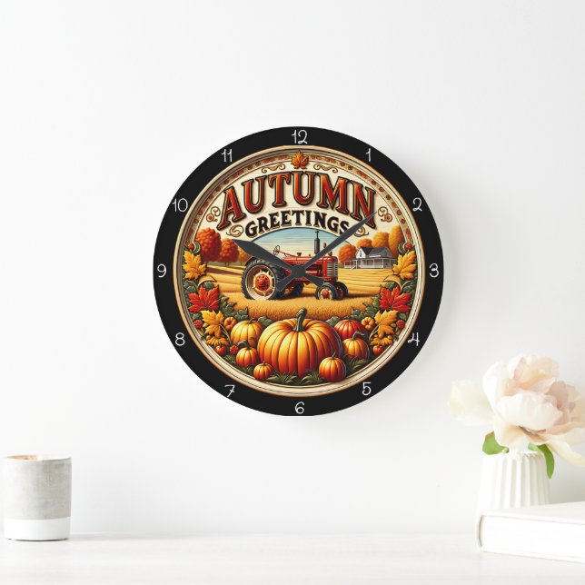 Autumn Greetings Tractor  Large Clock (Home)