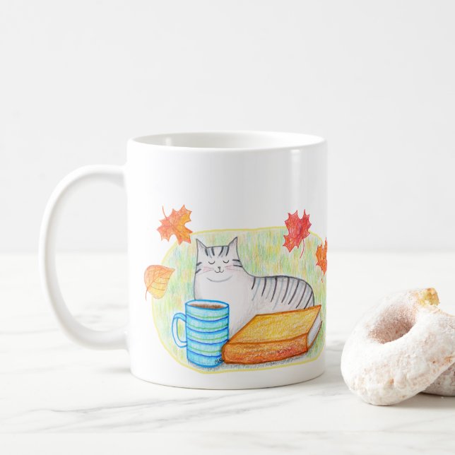 Autumn Grey Cat with Book and Coffee Cat Lover Coffee Mug (With Donut)