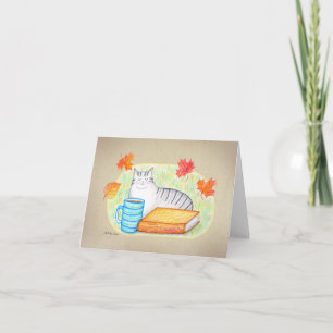 Autumn Grey Tabby Cat with coffee and Book Peace Card