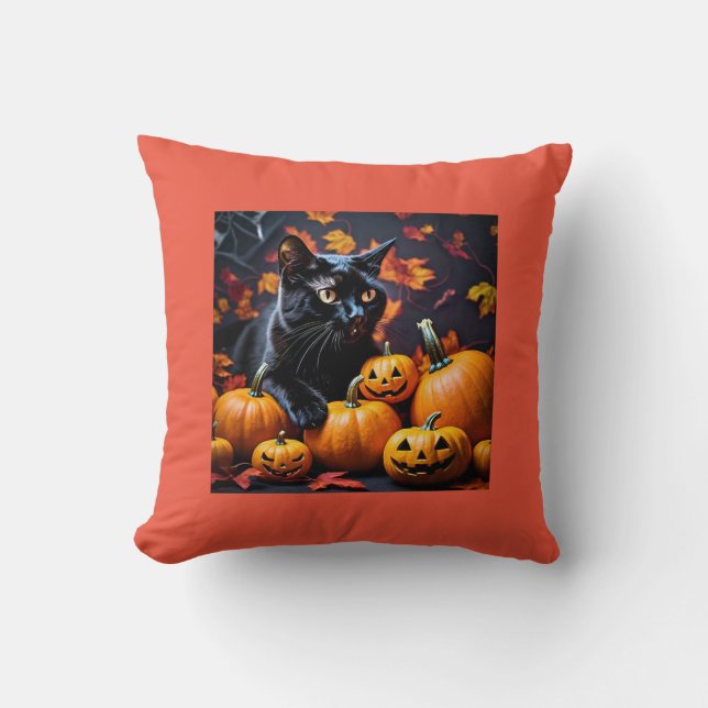 Autumn Halloween Black Cat & Pumpkins Throw Pillow (Front)
