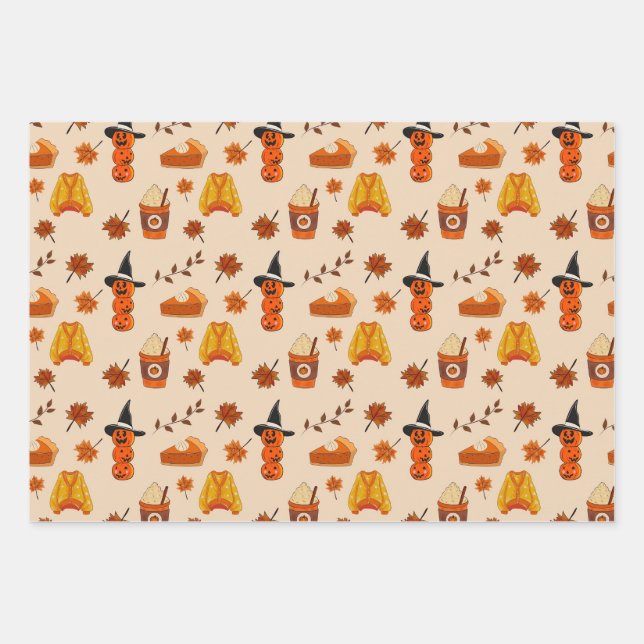 Autumn & Halloween Cozy Pattern Wrapping Paper Sheet (Front)