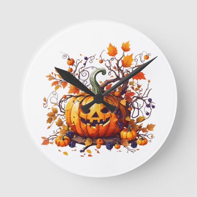 autumn Halloween funny pumpkin Round Clock (Front)